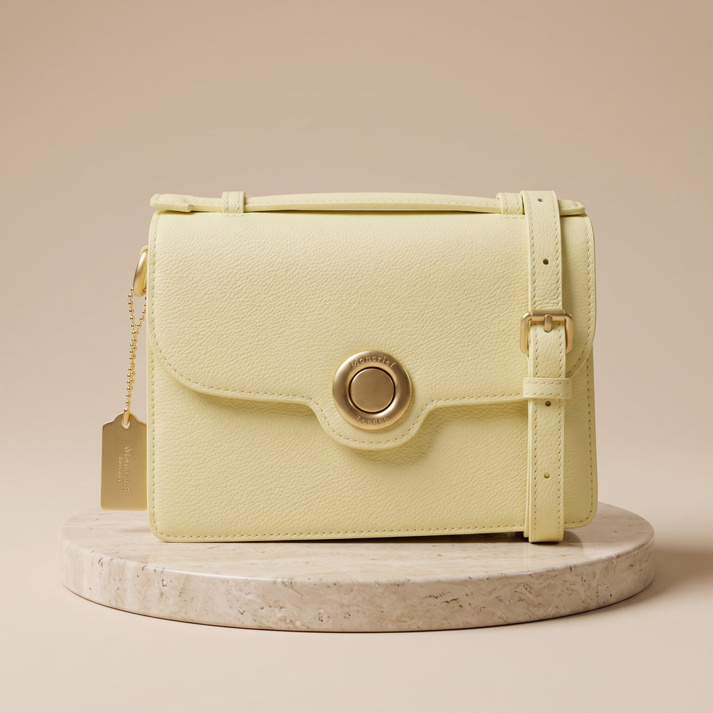 Moncrief Yellow Leather Crossbody Bag, Structured Flap Purse, Gold Hardware