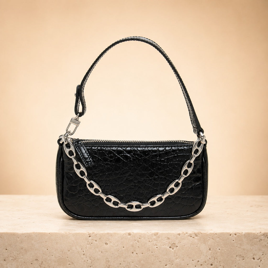 By Far Black Patent Croc Bag, Minimalist Shoulder Bag, Evening Bag, Gift for Her