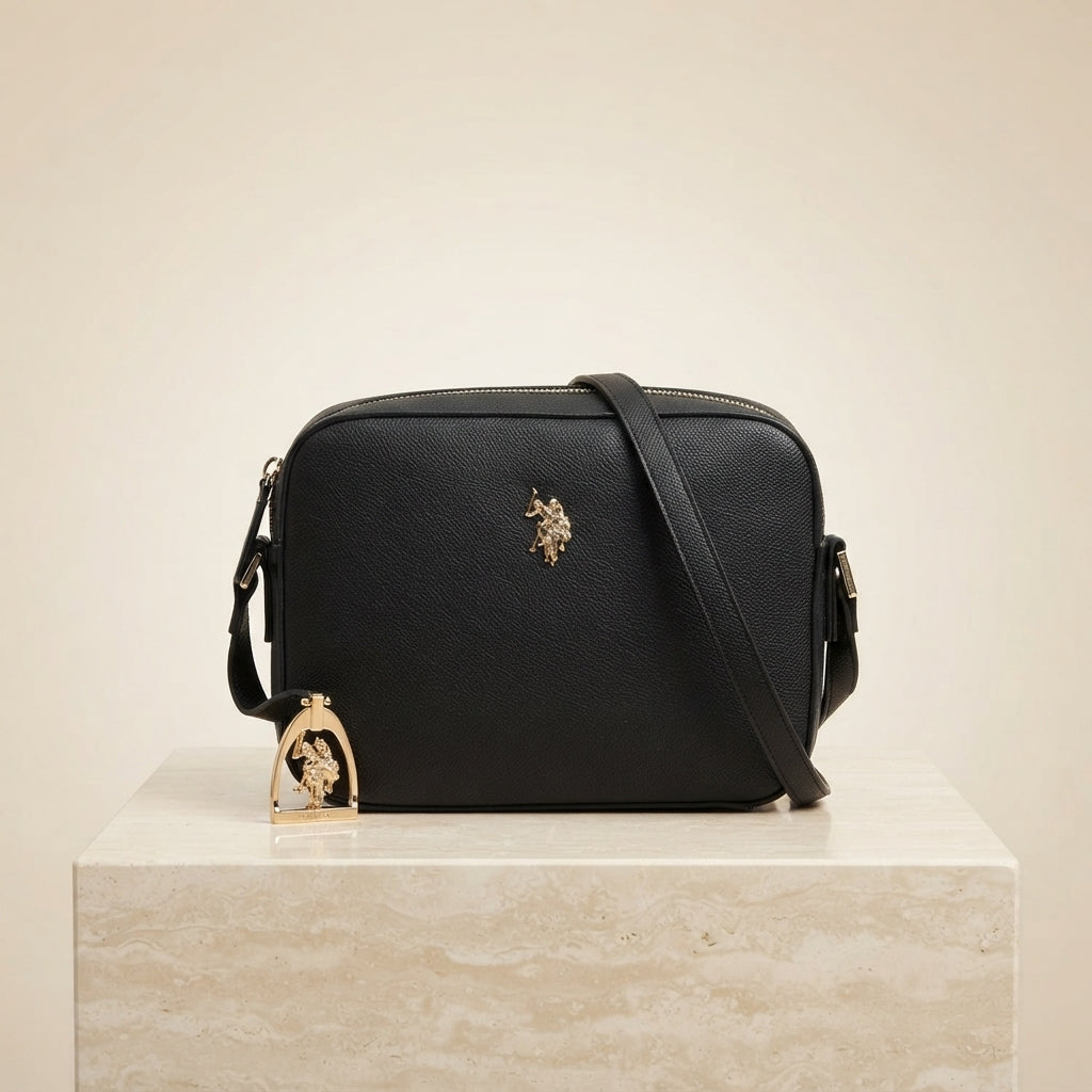 US Polo Assn Black Crossbody Bag, Pebbled Leather Look, Gold Emblem, Everyday