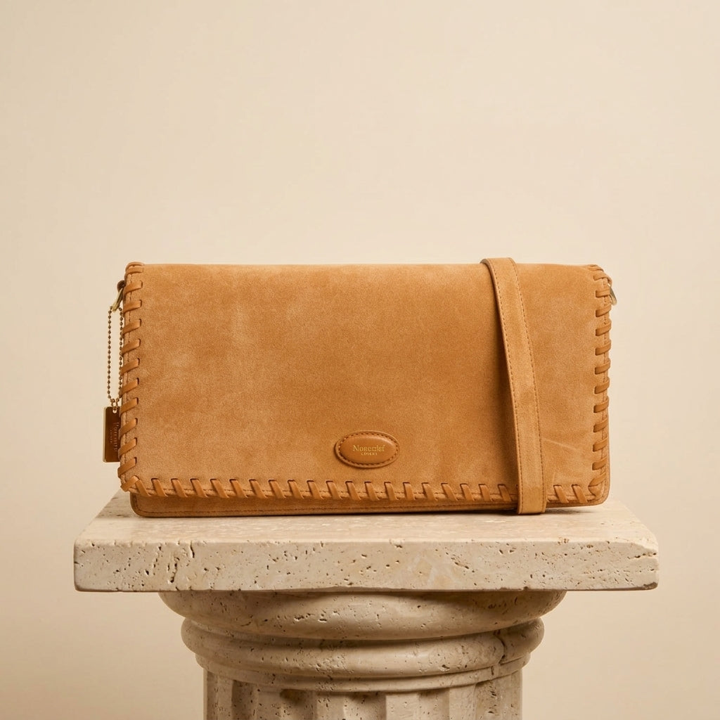 Moncrief London Tan Suede Crossbody Bag, Whipstitch Edging, Tan Leather Purse