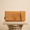 Moncrief London Tan Suede Crossbody Bag, Whipstitch Edging, Tan Leather Purse