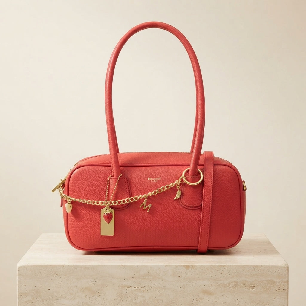 Moncrief Red Katie Bowling Bag, Gold Chain Charms, Shoulder Handbag, Gift For Her
