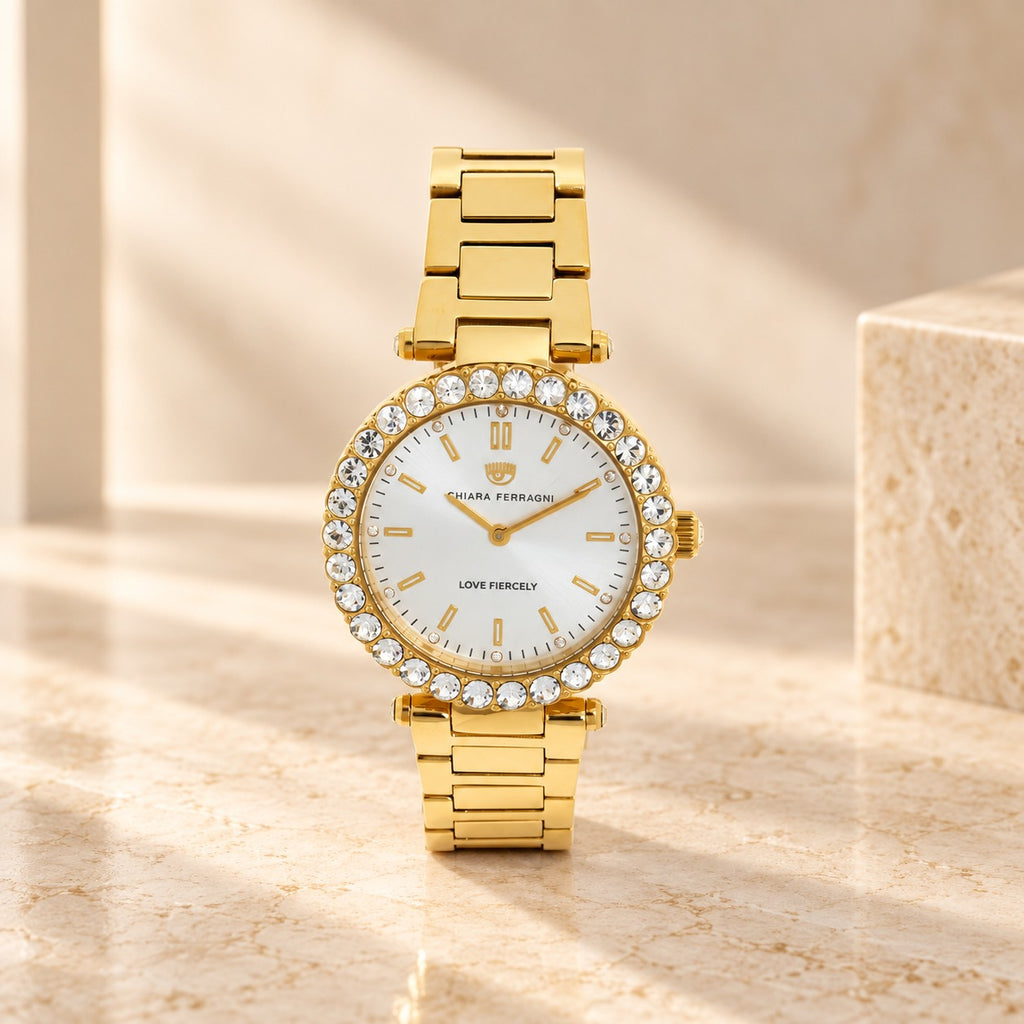 Chiara Ferragni Gold Watch, Crystal Bezel Analogue, Womens Designer Link