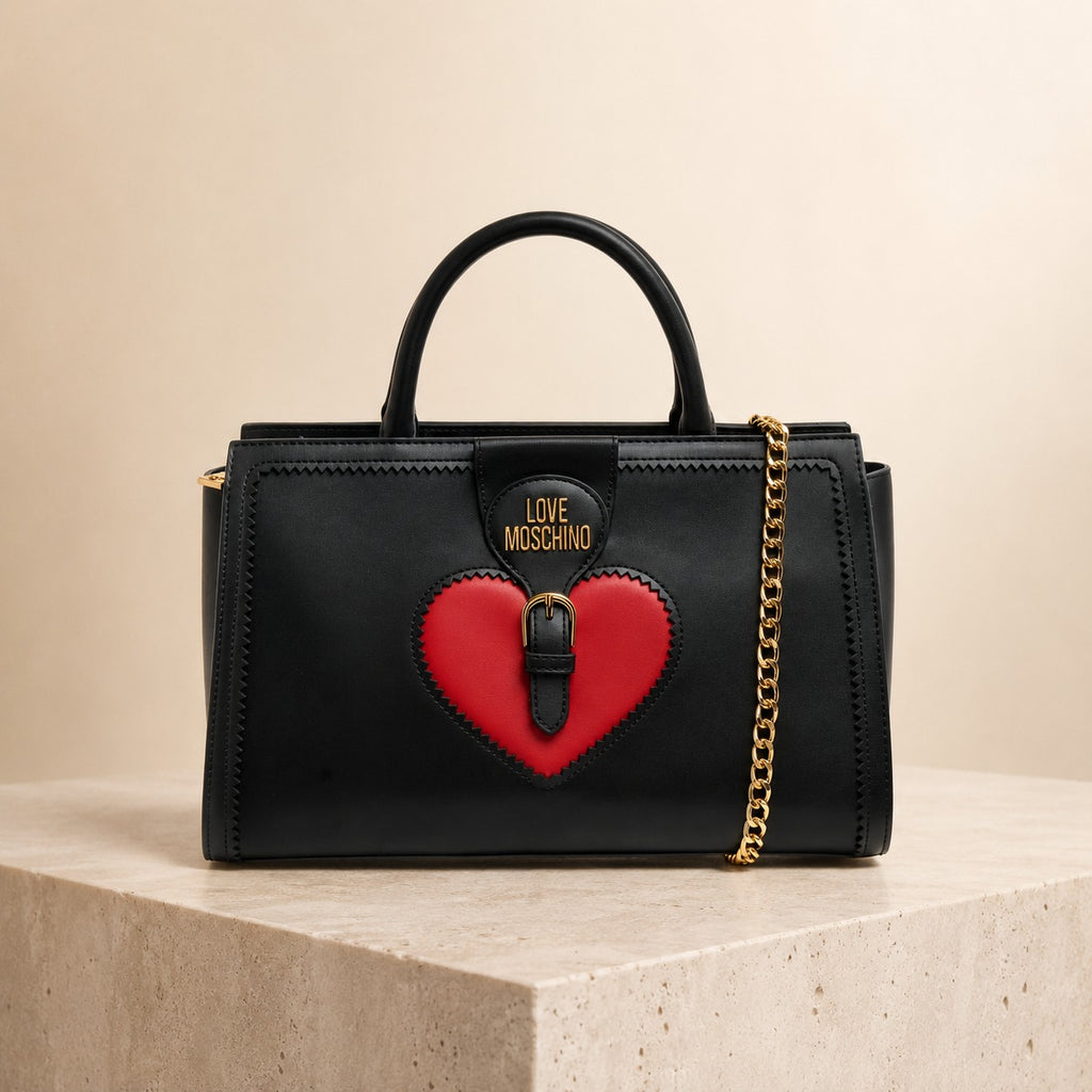 Love Moschino Black Satchel Bag, Red Heart Applique, Gold Hardware, Gift For Her