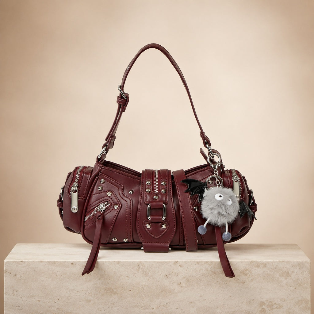 Bessie London Burgundy Shoulder Bag, Gothic Grunge, Bat Charm, Gift For Her