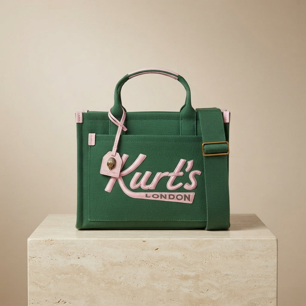 Kurt Geiger Green Tote Bag, Pink Logo, Canvas Handbag