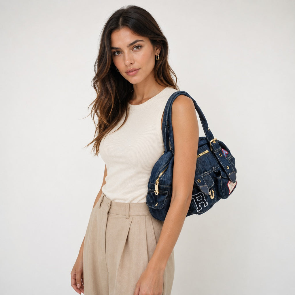True Religion Blue Denim Shoulder Bag, Multi Patch Design, Everyday Denim Purse