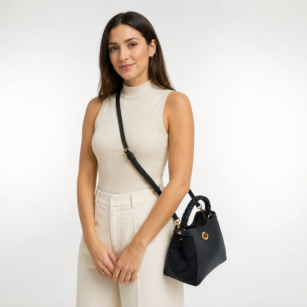 Luella Grey Black Bucket Bag, Gold Hardware, Everyday Work Handbag, Chic Gift