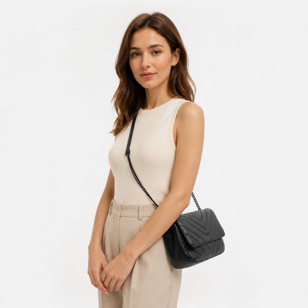 DKNY Black Veronica Chevron Crossbody Bag, Quilted Shoulder Bag, Everyday Purse