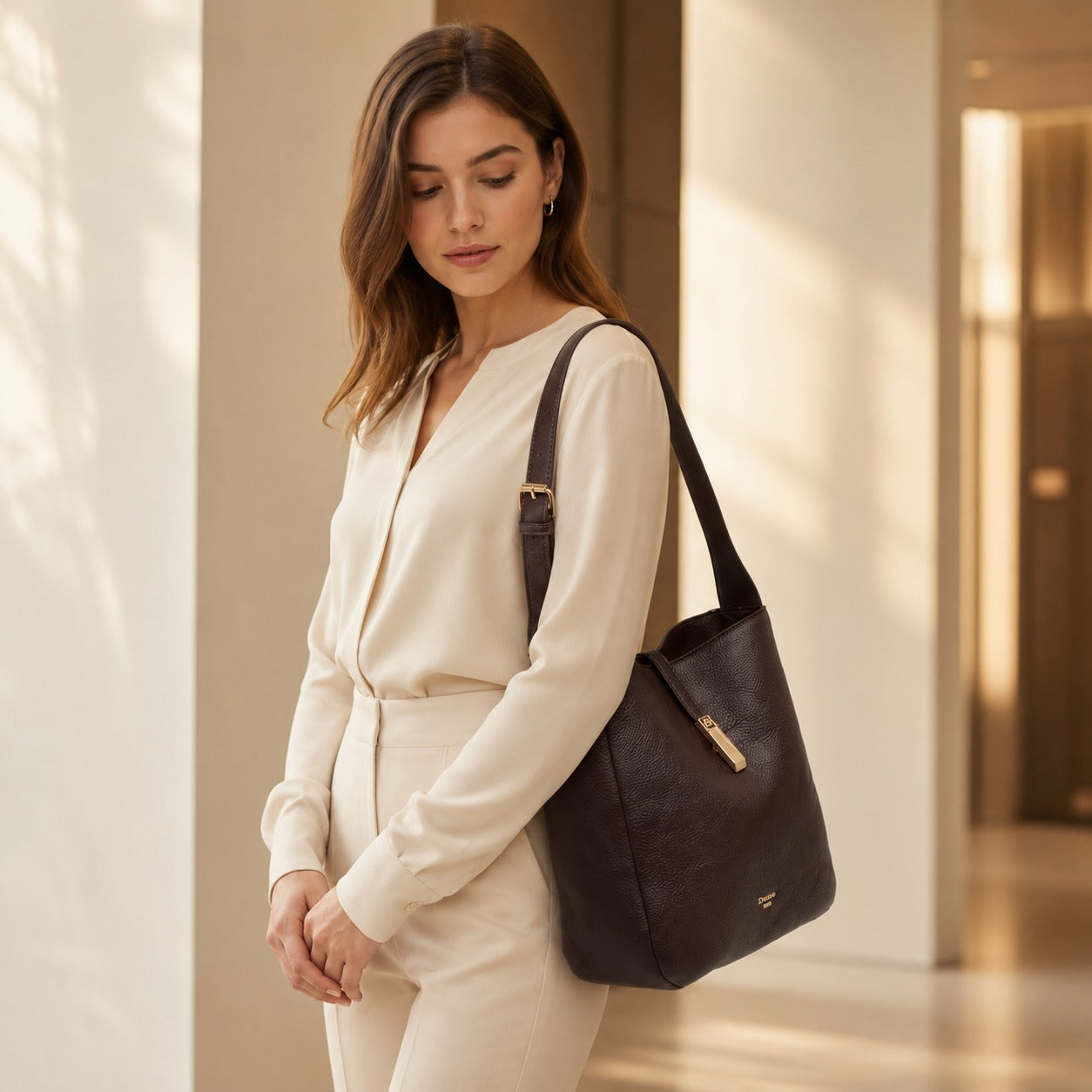 Dune London Brown Shoulder Bag, Grained Leather, Gold Hardware, Work, Everyday