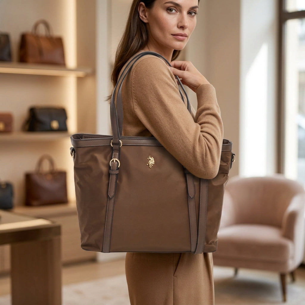 US Polo Assn Brown Tote Bag, Houston Shopping Handbag, Gold Hardware