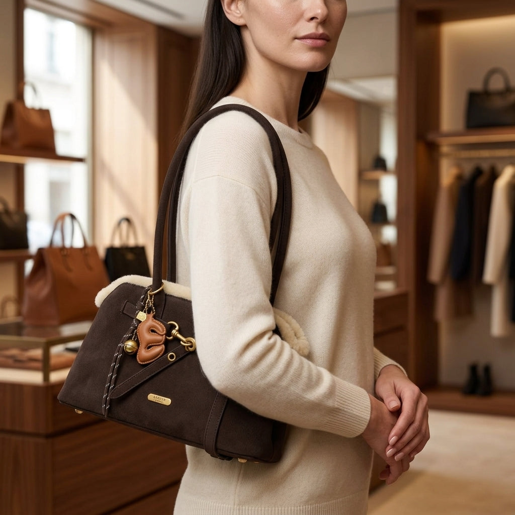 Bessie London Brown Crossbody Bag, Fleece Trim, Gold Charm, Equestrian Satchel