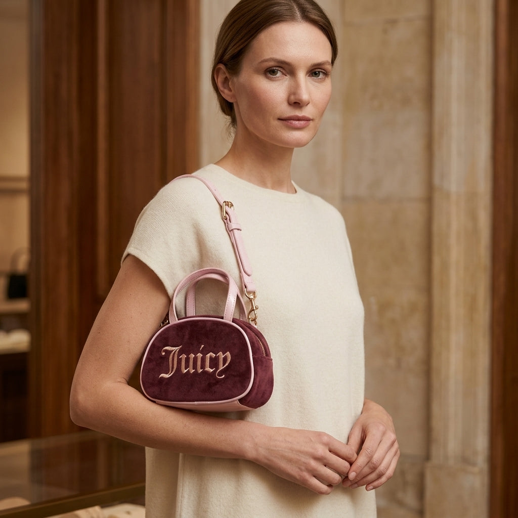 Juicy Couture Burgundy Grab Bag, Velvet Mini Crossbody, Top Handle