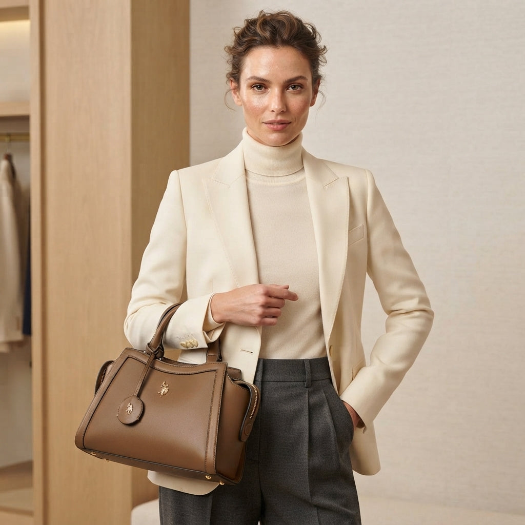 US Polo Assn Brown Tote Bag, Structured Shoulder Bag, Work Handbag, Chic