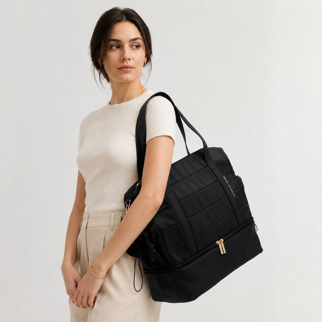 French Connection Black Weekender Bag, Quilted Padded Tote, Gym Travel Luggage