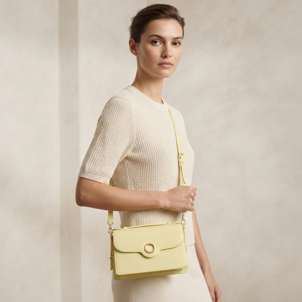 Moncrief Yellow Leather Crossbody Bag, Structured Flap Purse, Gold Hardware