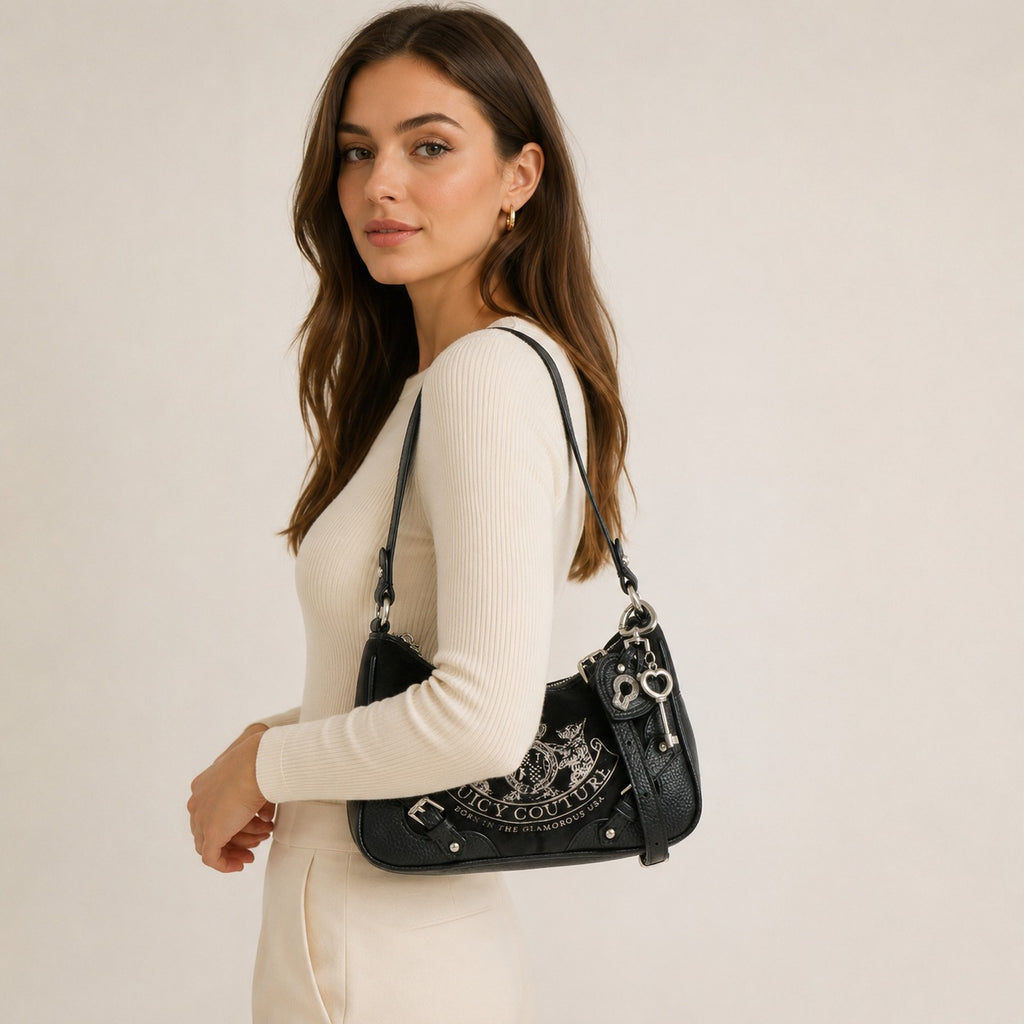 Juicy Couture Black Shoulder Bag, Crest Emblem, Silver Hardware, Aesthetic