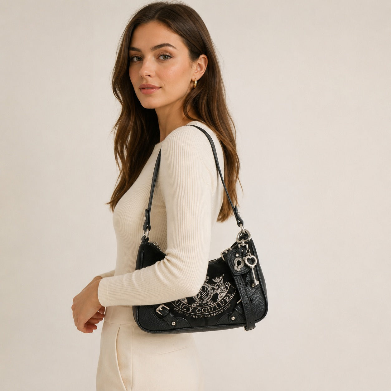 Juicy Couture Black Shoulder Bag, Crest Emblem, Silver Hardware, Aesthetic