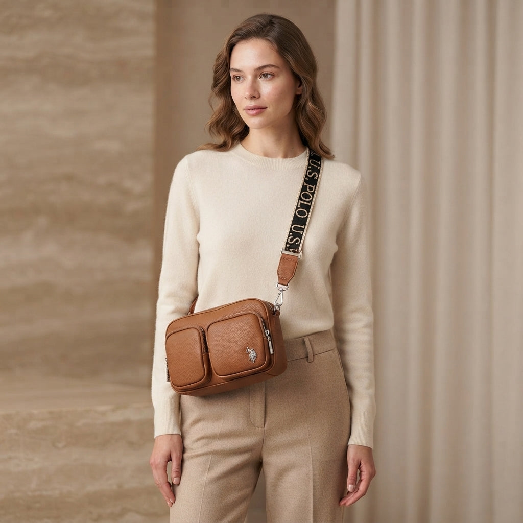 US Polo Assn Brown Camera Bag, Pebbled Crossbody, Designer Everyday Handbag
