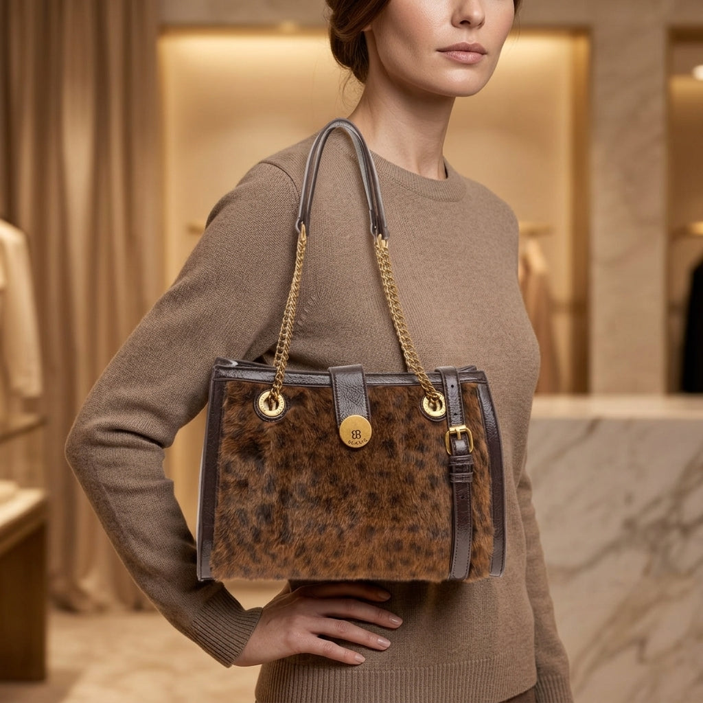 Bessie London Brown Leopard Tote Bag, Faux Fur Animal Print, Gold Hardware