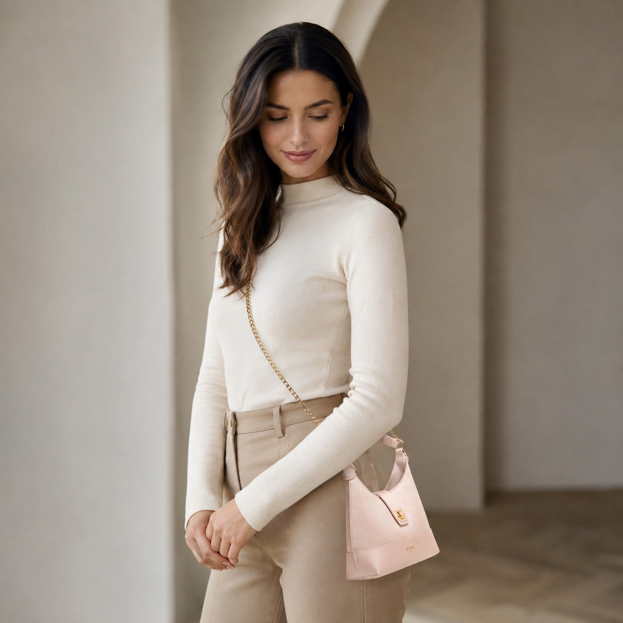 Dune London Pink Shoulder Bag, Diddydoey Woven Top Handle Bag, Gold Chain