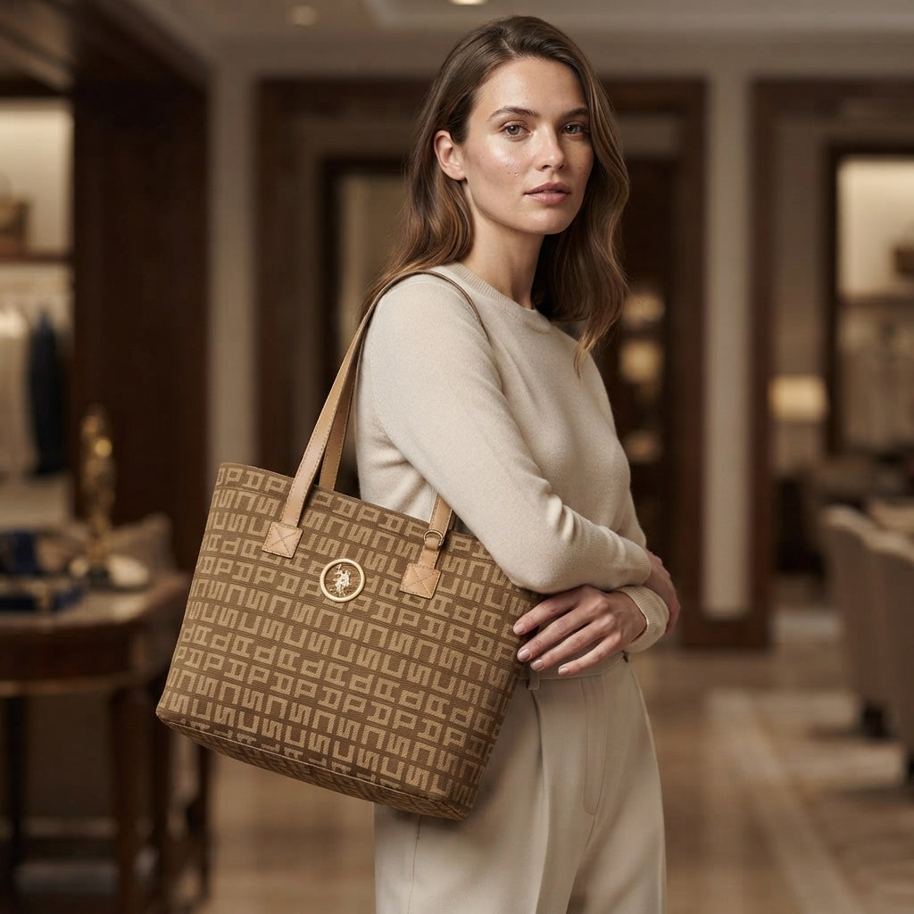 US Polo Assn Brown Jacquard Shopping Bag, Geometric Monogram Tote