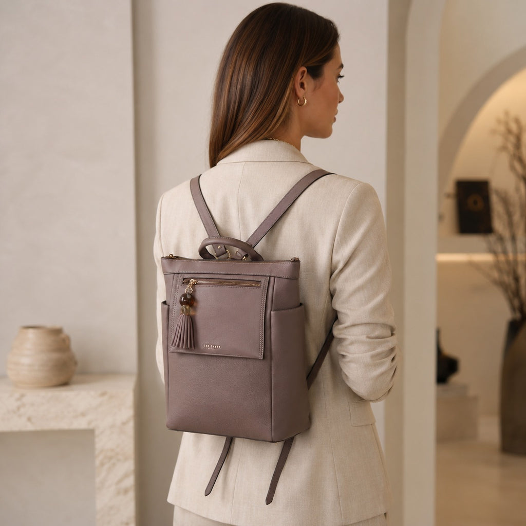 Luella Grey Taupe Laptop Backpack, 15in Work Bag, Tassel Charm