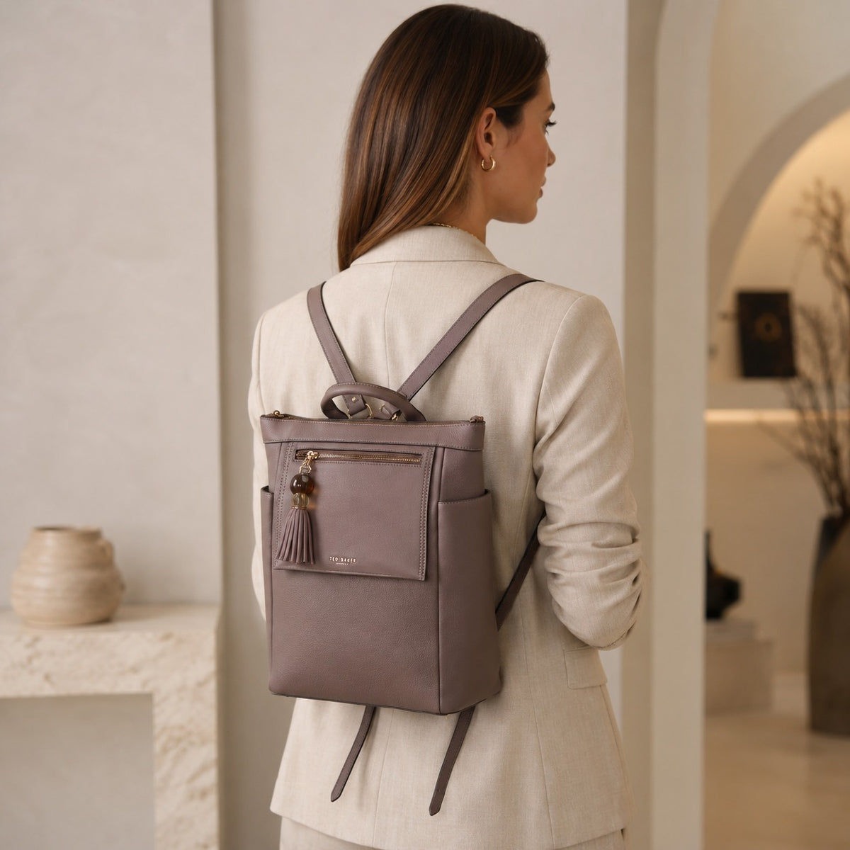 Luella Grey Taupe Laptop Backpack, 15in Work Bag, Tassel Charm