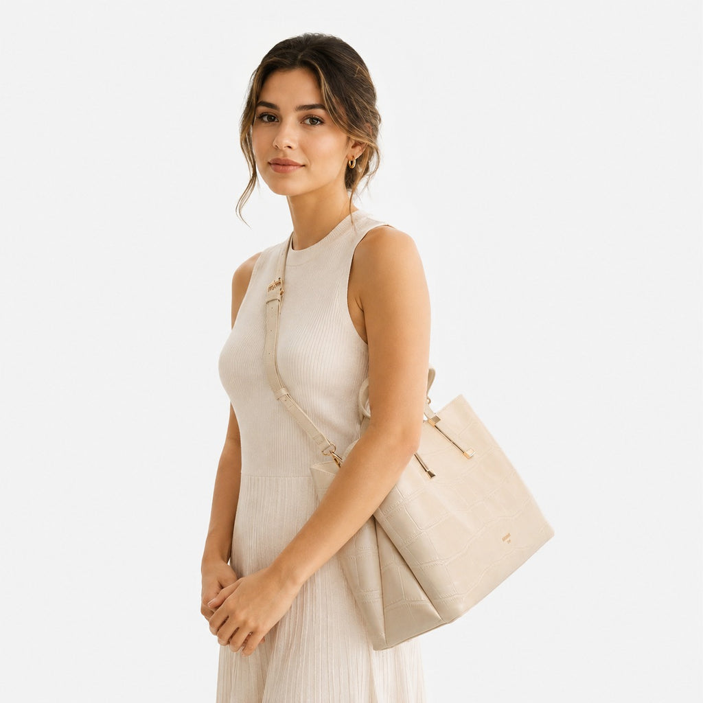 Dune Beige Croc Tote Bag, Designer Everyday Handbag, Work Bag, Minimalist Gift