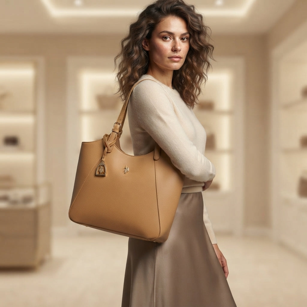 US Polo Assn Camel Tote Bag, Pebbled Faux Leather, Gold Hardware, Everyday Gift