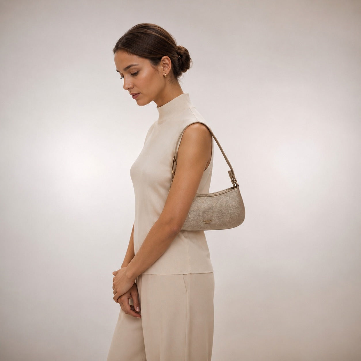 Dune London Beige Glitter Shoulder Bag, Metallic Crescent Hobo, Party Evening Bag