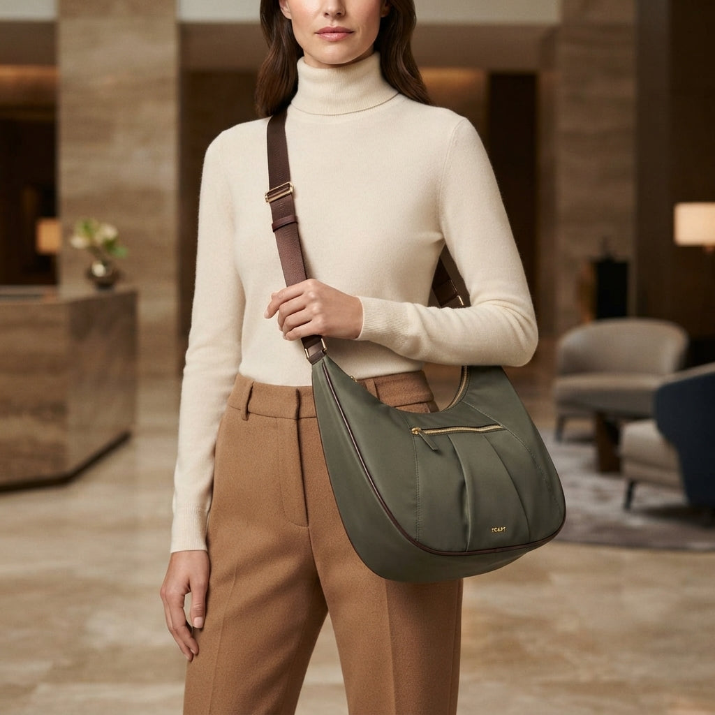 Osprey London Khaki Hobo Bag, Nylon Shoulder Handbag, Everyday Tote, Gift for Her