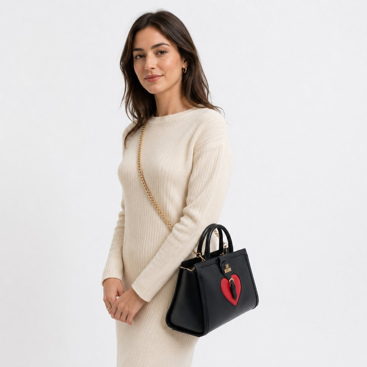 Love Moschino Black Satchel Bag, Red Heart Applique, Gold Hardware, Gift For Her