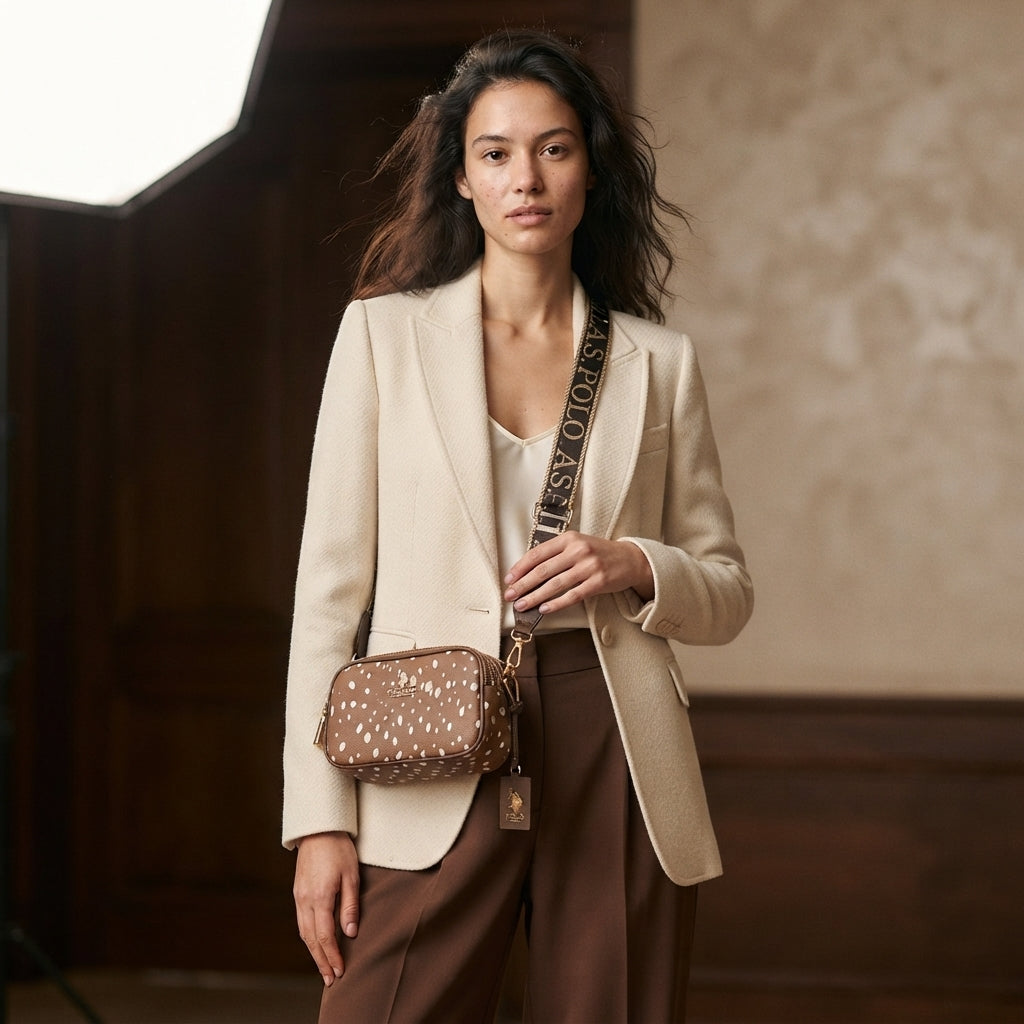 US Polo Assn Brown Polka Dot Crossbody, Suede Look, Gold Hardware, Everyday