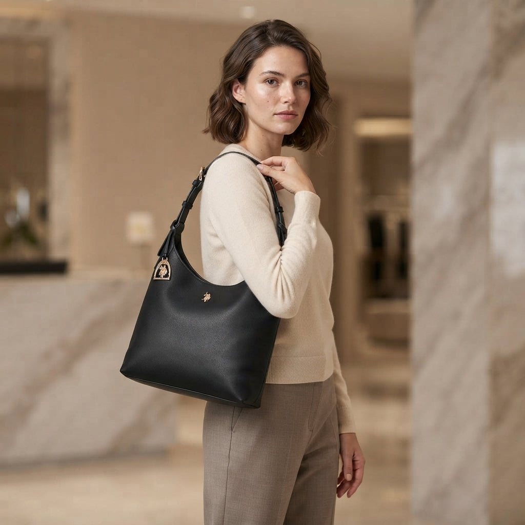 US Polo Assn Black Hobo Bag, Minimalist Shoulder Bag, Gold Accent