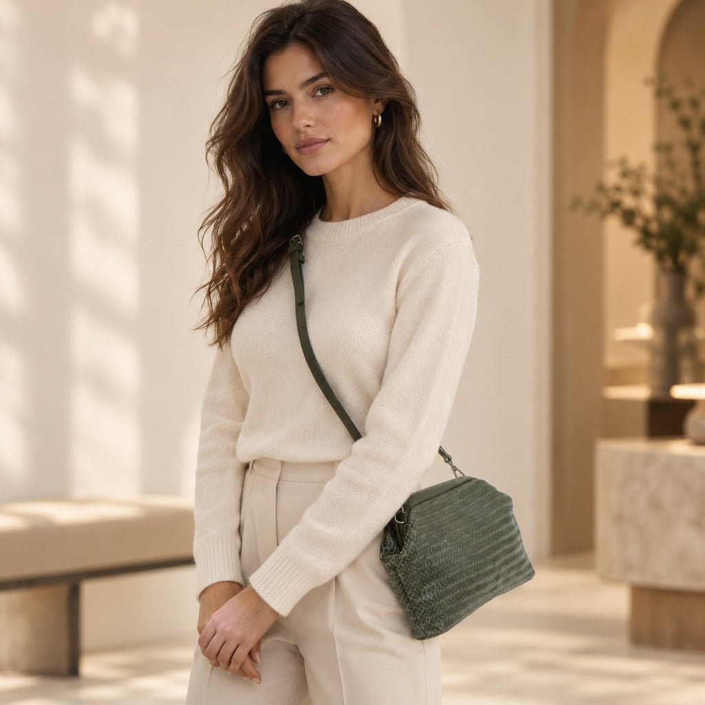 Rehard Dark Olive Green Woven Leather Bucket Bag, Crossbody, Everyday