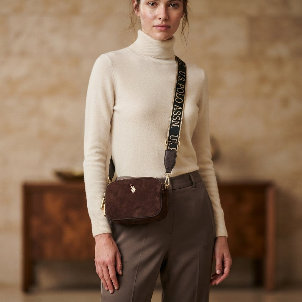 US Polo Assn Brown Crossbody Bag, Equestrian Style, Gold Hardware