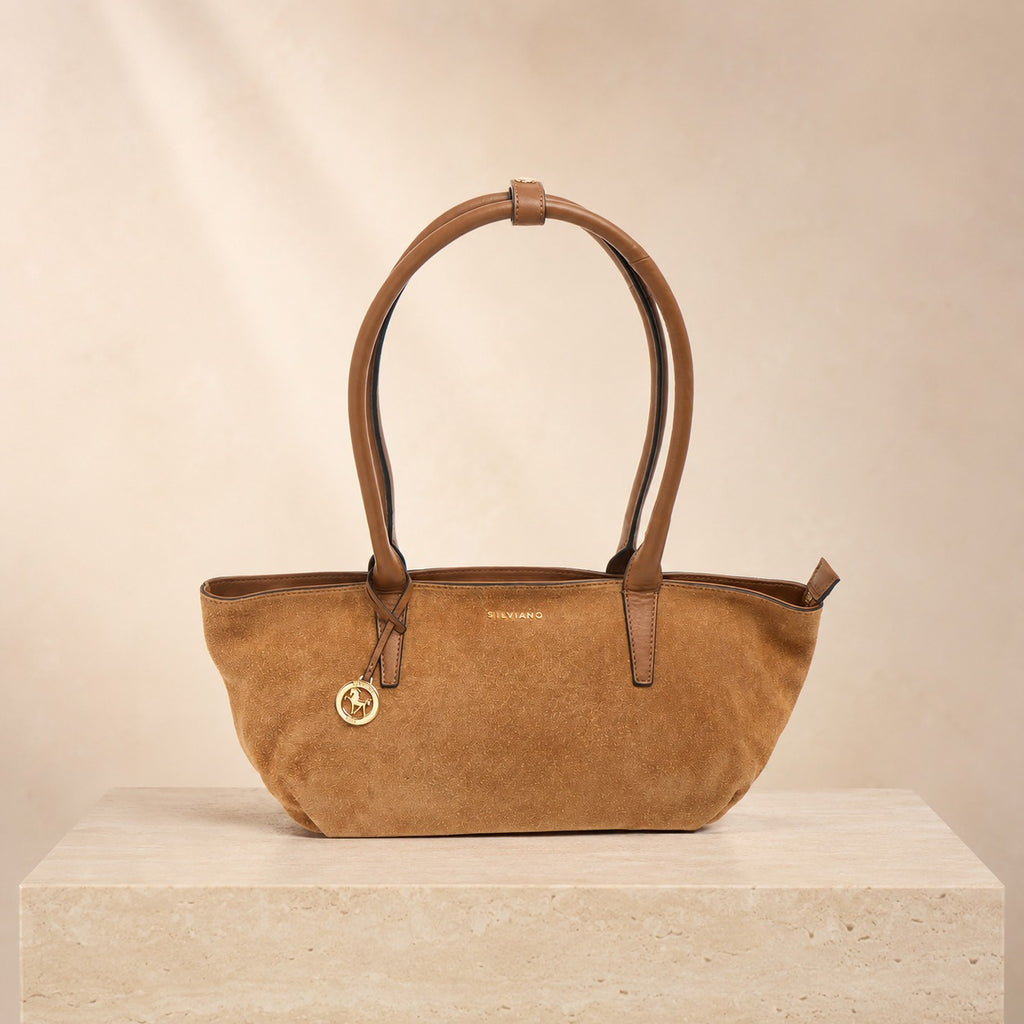 Silviano Brown Suede Shoulder Bag, Top Zip, Gold Charm, Equestrian Handbag
