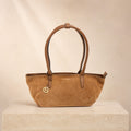 Silviano Brown Suede Shoulder Bag, Top Zip, Gold Charm, Equestrian Handbag