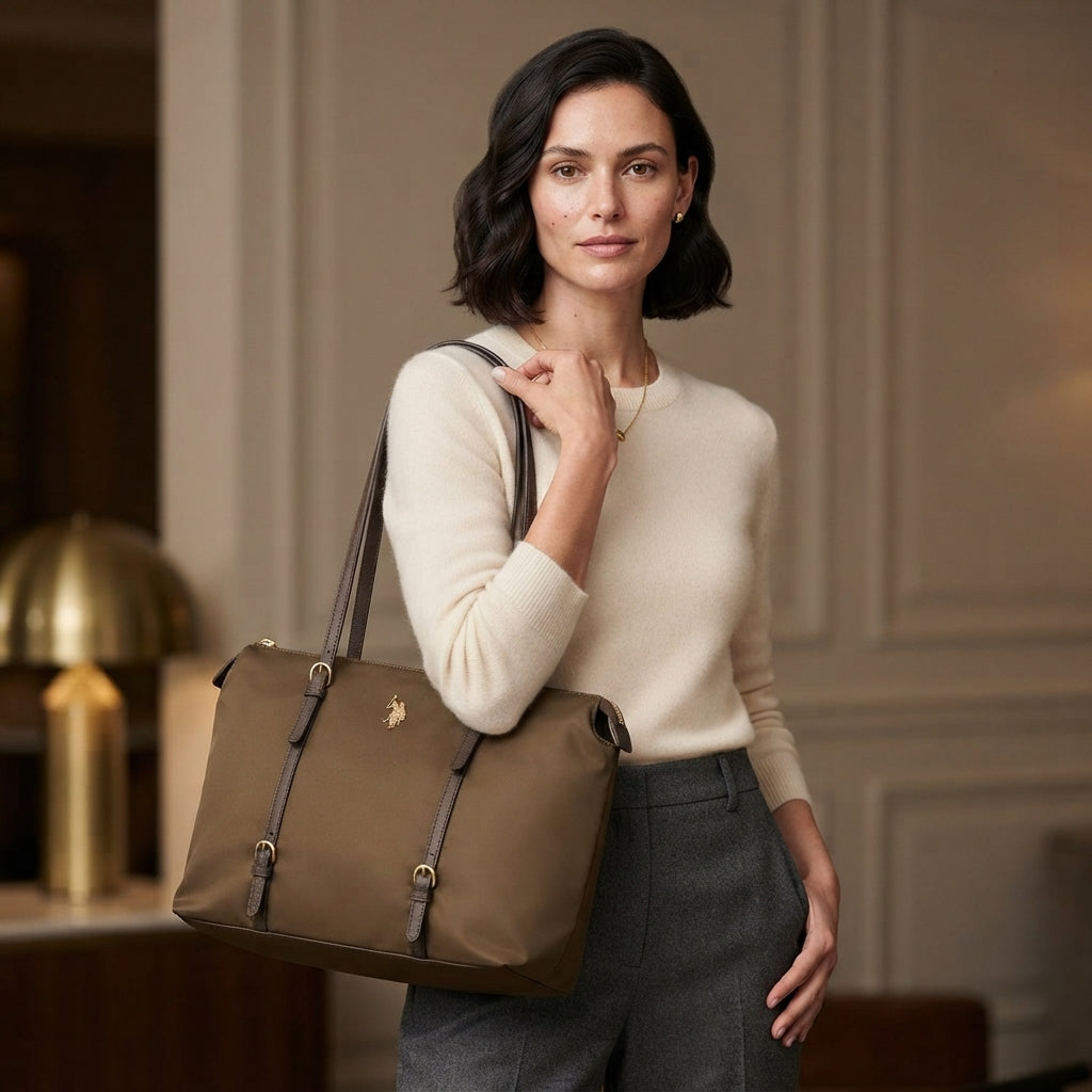 US Polo Assn Brown Tote Bag, Shoulder Bag, Work Bag, Everyday Handbag Gift