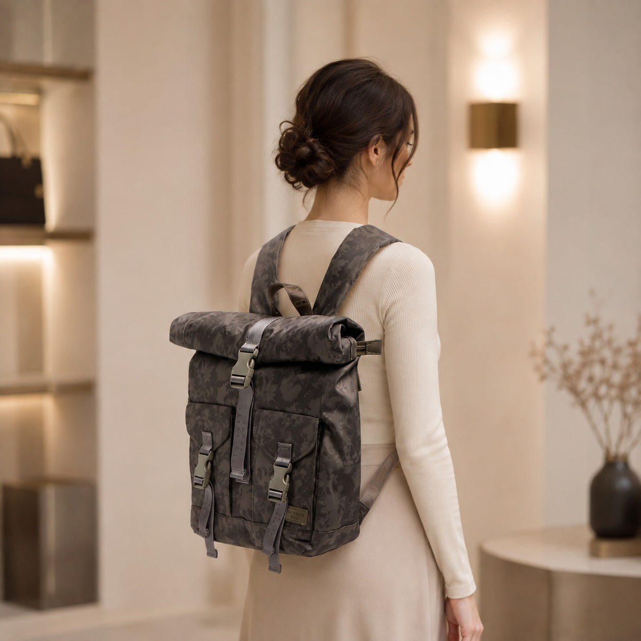Ted Baker Sport Walnut Shadow Backpack, Roll-Top Laptop Bag, Everyday Rucksack