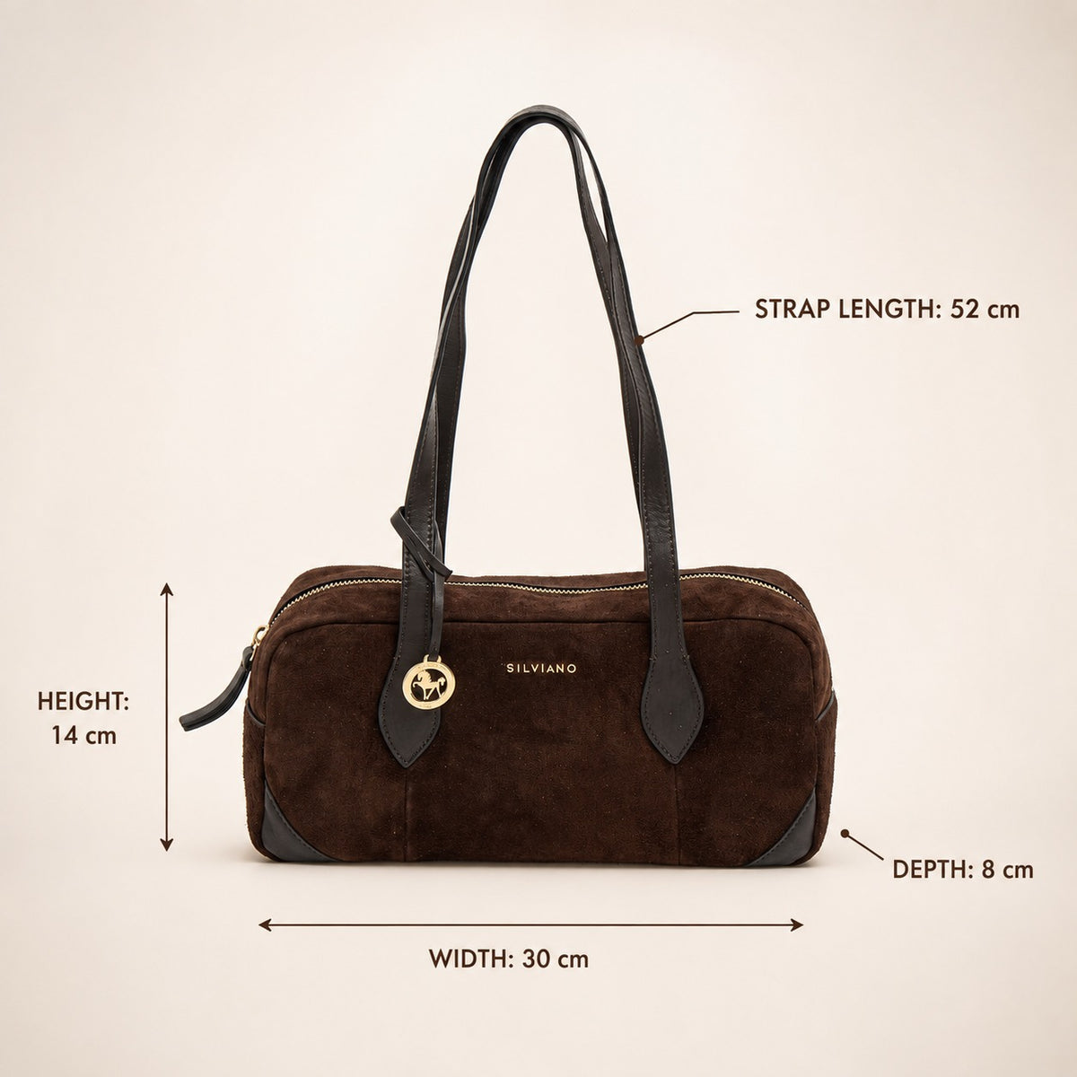 Silviano Brown Suede Shoulder Bag, Zip Top, Gold Hardware, Everyday Purse