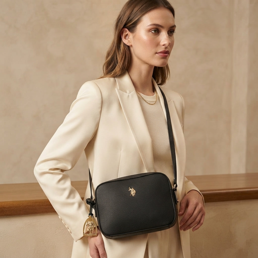US Polo Assn Black Crossbody Bag, Pebbled Leather Look, Gold Emblem, Everyday