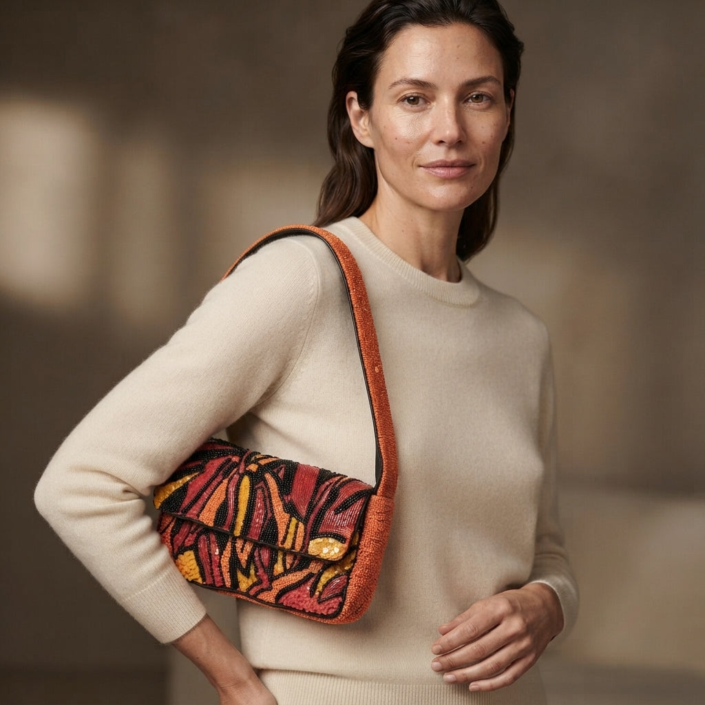 Mirasol Orange Beaded Shoulder Bag, Tropical Sunset Baguette, Evening Purse