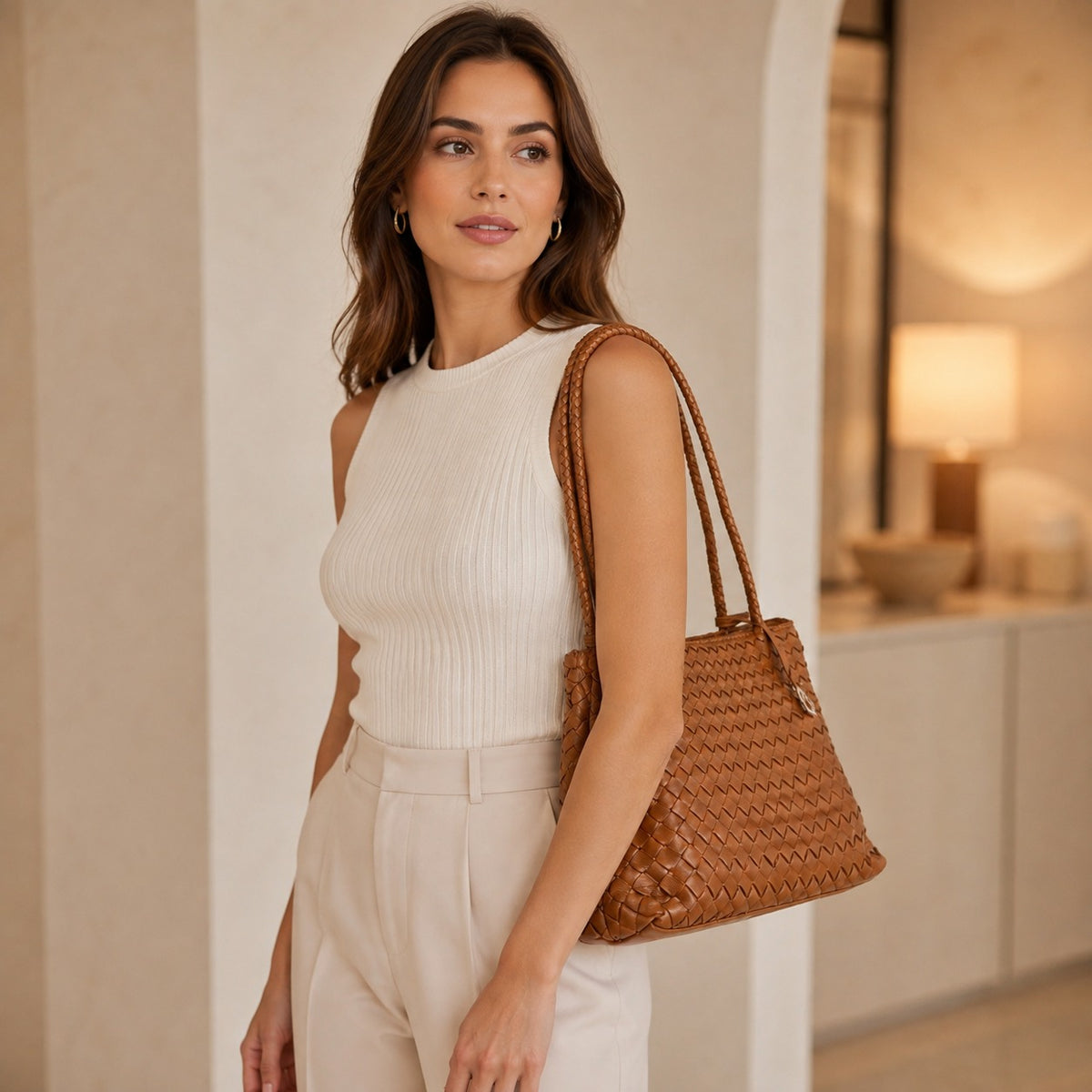 Silviano Brown Woven Shoulder Bag, Leather Intrecciato Tote, Everyday Handbag