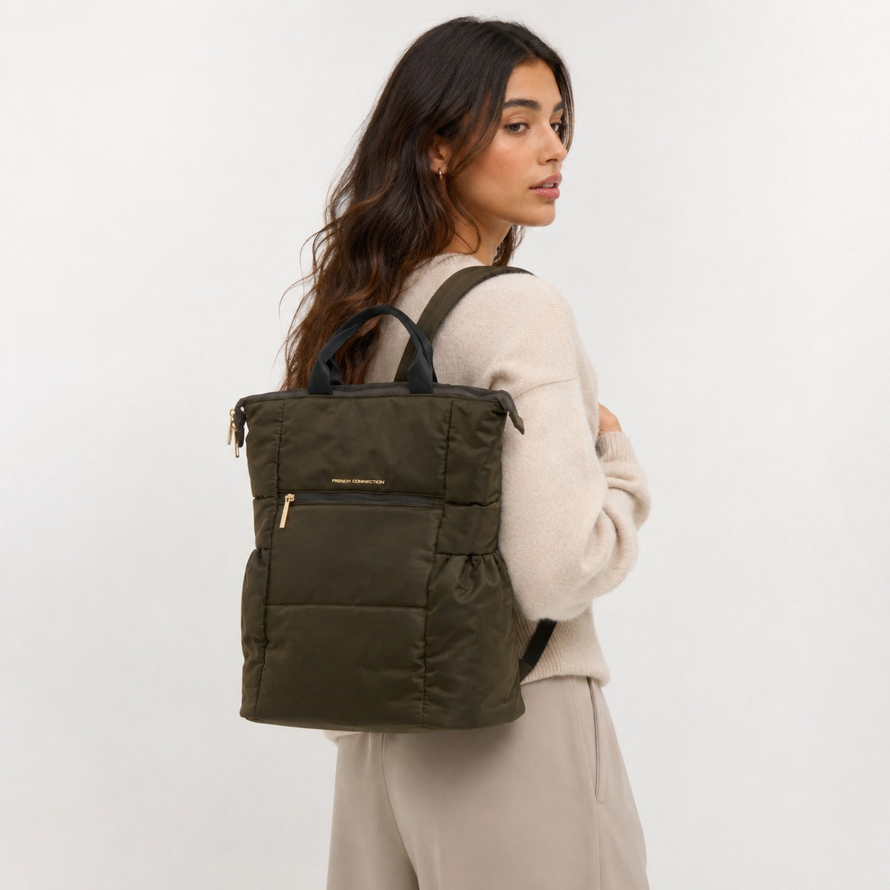 French Connection Olive Quilted Backpack, Padded Nylon Day Bag, Travel Rucksack