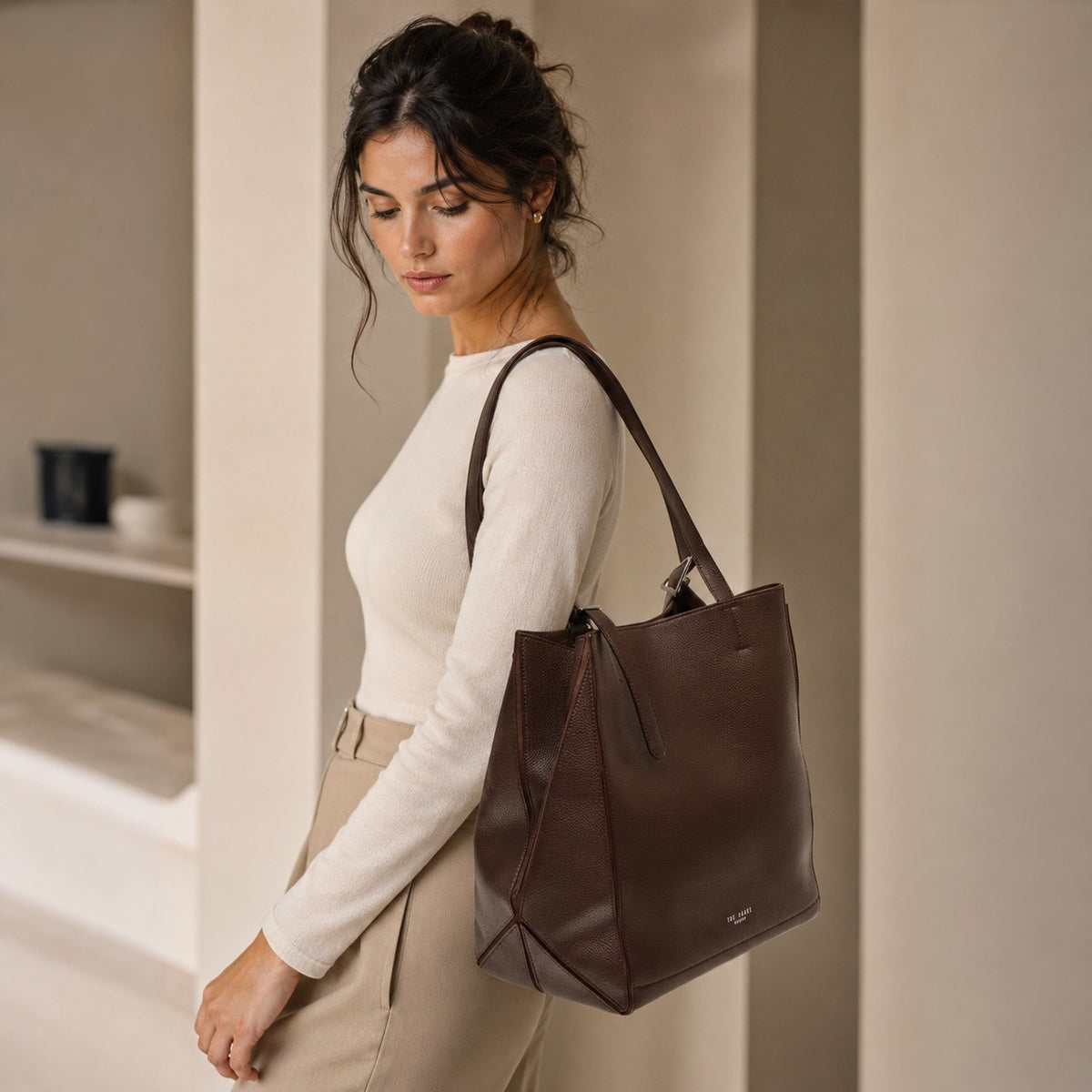 Ted Baker Brown Olivia Tote Bag, Pebbled Leather Shoulder Bag, Everyday Work Bag