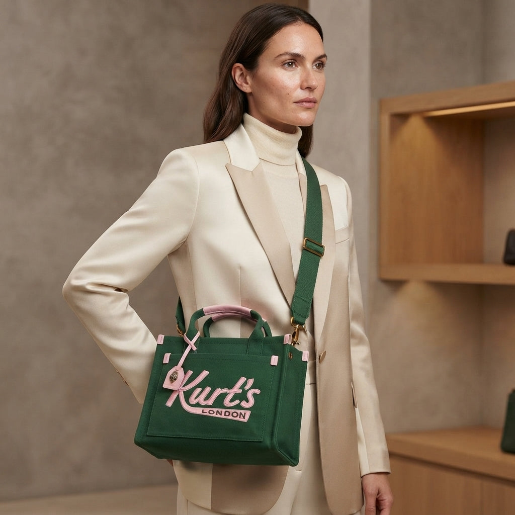 Kurt Geiger Green Tote Bag, Pink Logo, Canvas Handbag