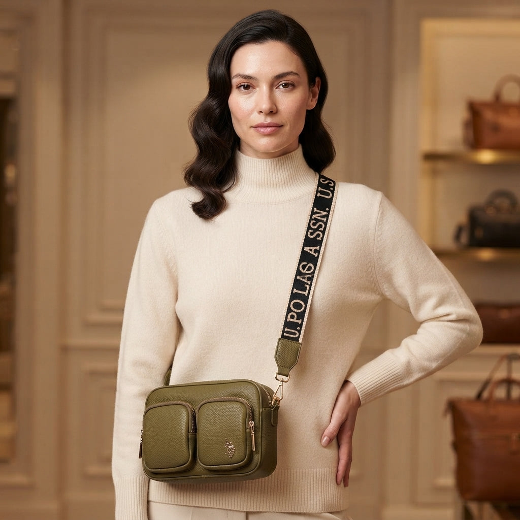 US Polo Assn Olive Crossbody Bag, Pebbled Leather Look, Webbing Strap