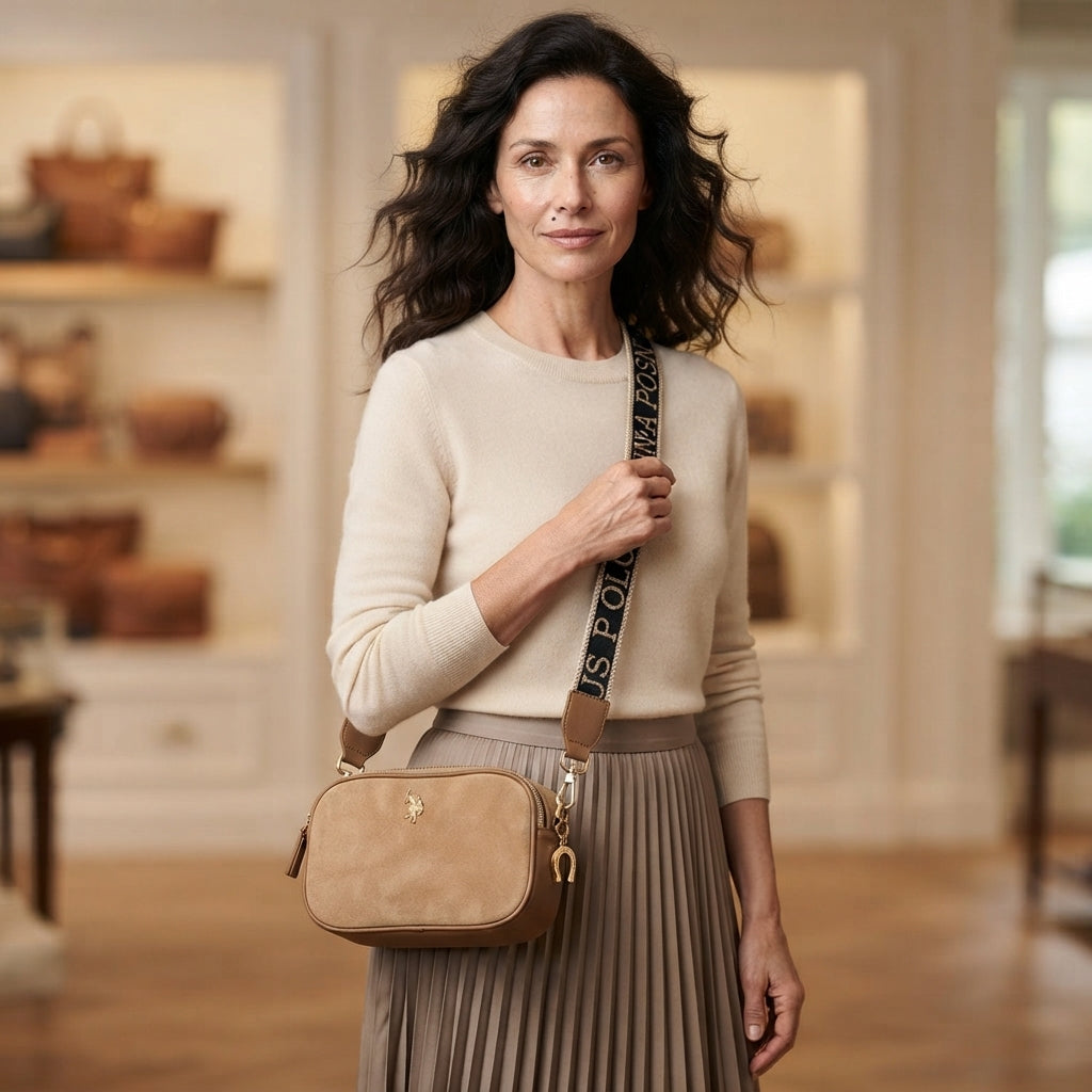 US Polo Assn Tan Suede Crossbody Bag, Brown Shoulder Bag, Everyday Handbag